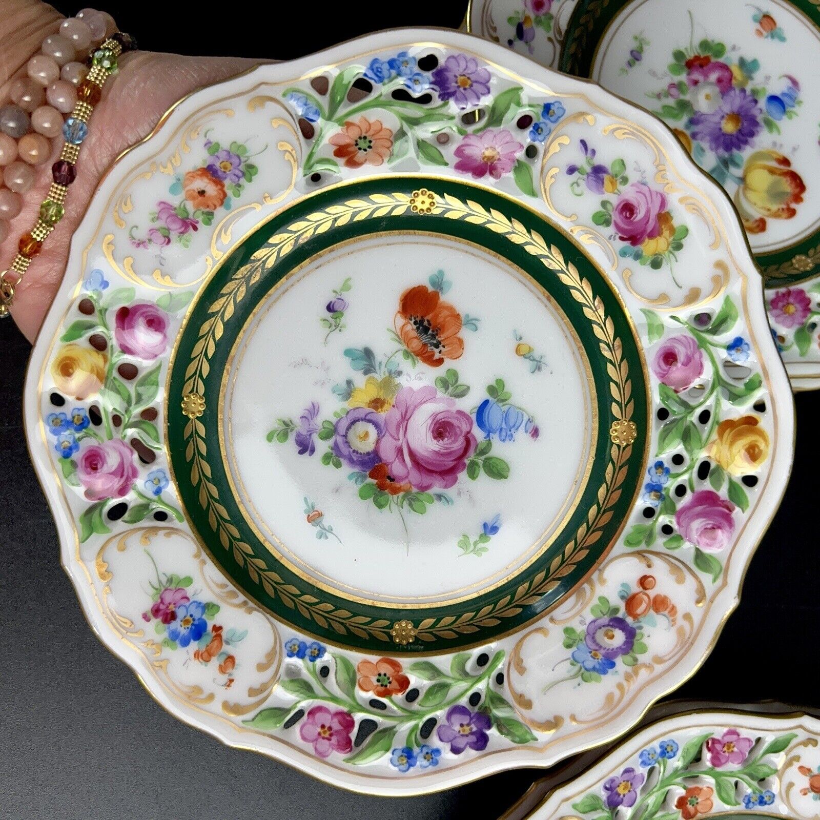 Antique Richard Klemm Dresden FULLY Hand Painted Plates (6) 6.5”  Gilt Jewels