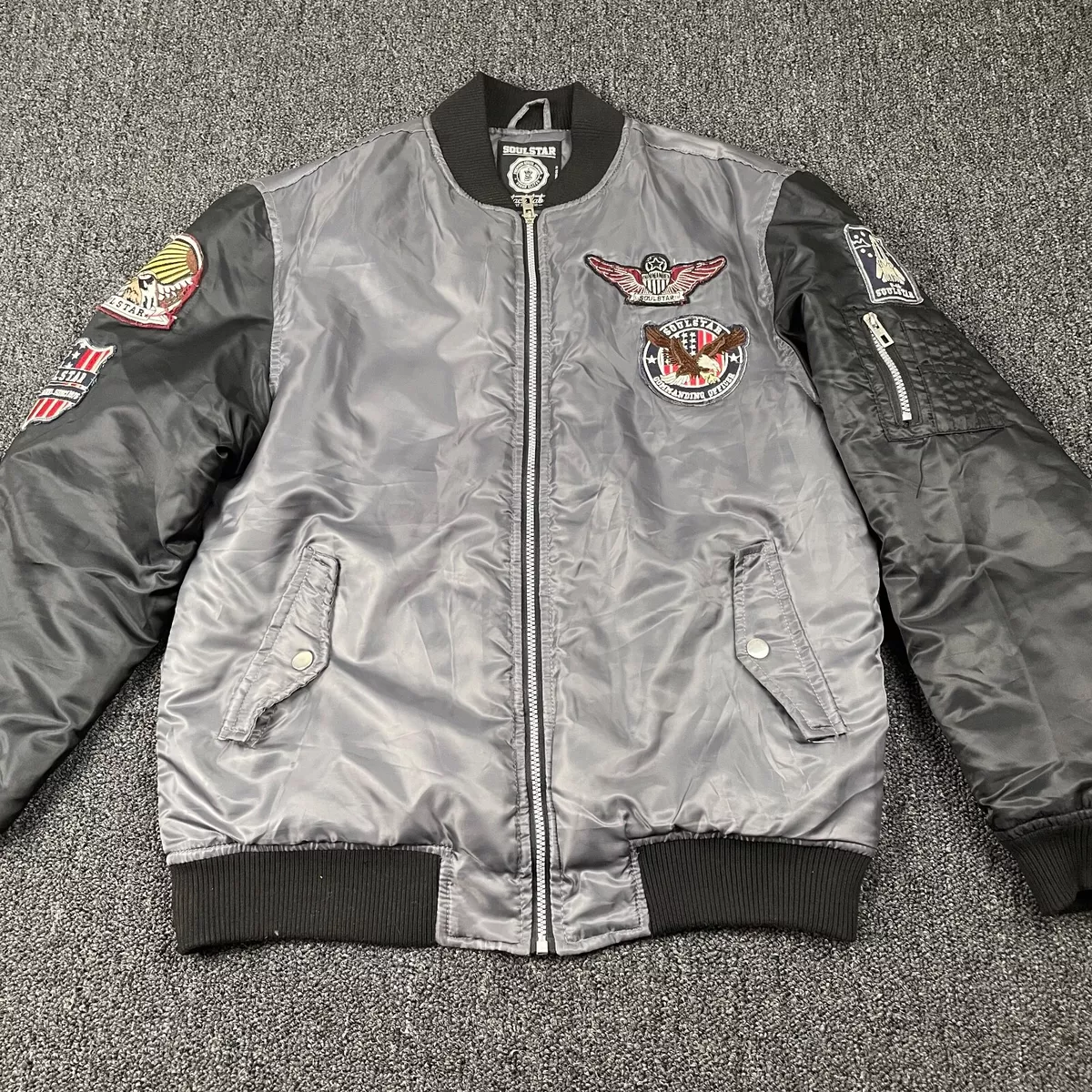 Soul Star Jacket Large Black Label Gray Bomber Patch Coat Rare