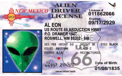 Route 66 Alien UFO New Mexico Drivers License ID Card UFO Roswell