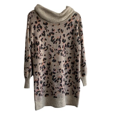 Anthropologie Emmy Cowl Neck Tunic Cheetah Animal Print Wool Sweater Dress Warm