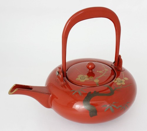 Japanese Sake Kettle Pot Wood Lacquer Ware Red Plum Blossoms Vintage