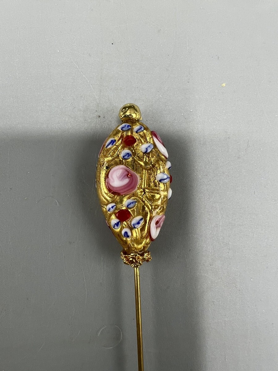 Vntg Handblown Venetian Glass Hat Stick Pin Gold Raised  display picture 1