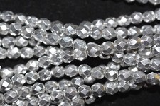 Czech Fire Polished 6mm round faceted glass beads - Silver