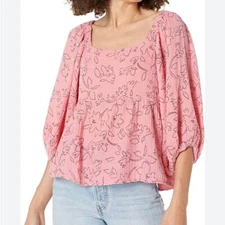 Michael Stars Patsy Linework Flora Square neck puff sleeve double gauze pink top
