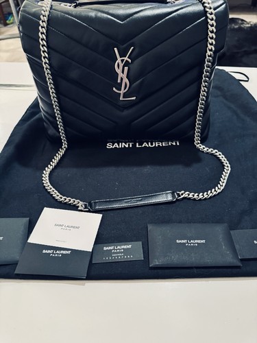 Auth Saint Laurent Med Loulou Bag Black Leather Silver Hardware, with tag. - Picture 12 of 24