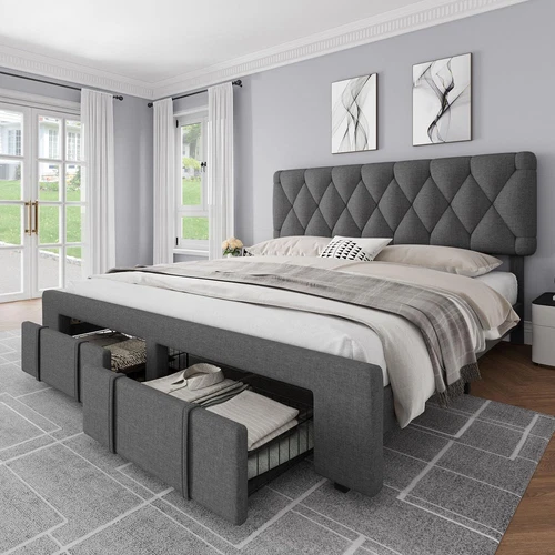 Modern Queen Size Bed Frame, Upholstered Platform Bed Frame with Storage Drawers