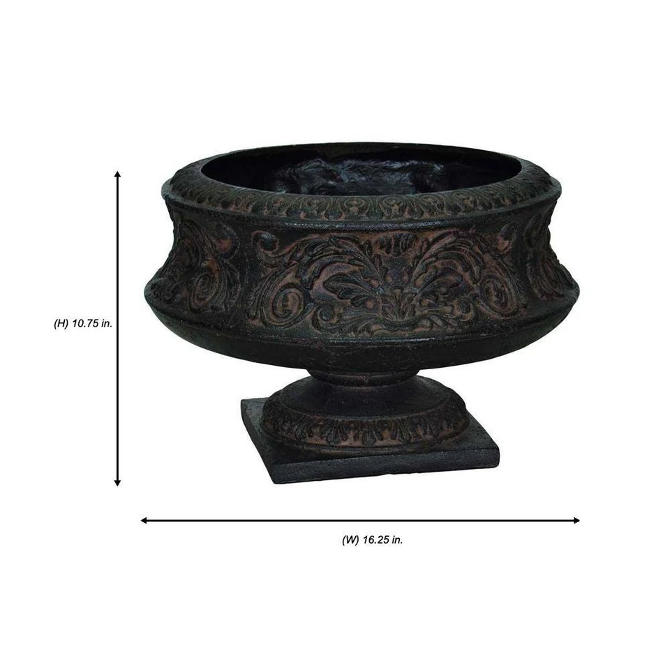 16-1/4 pulgadas X 10-3/4 pulgadas Urna baja ornamentada de fibra de vidrio de piedra fundida en carbón envejecido Foto 4 de 4