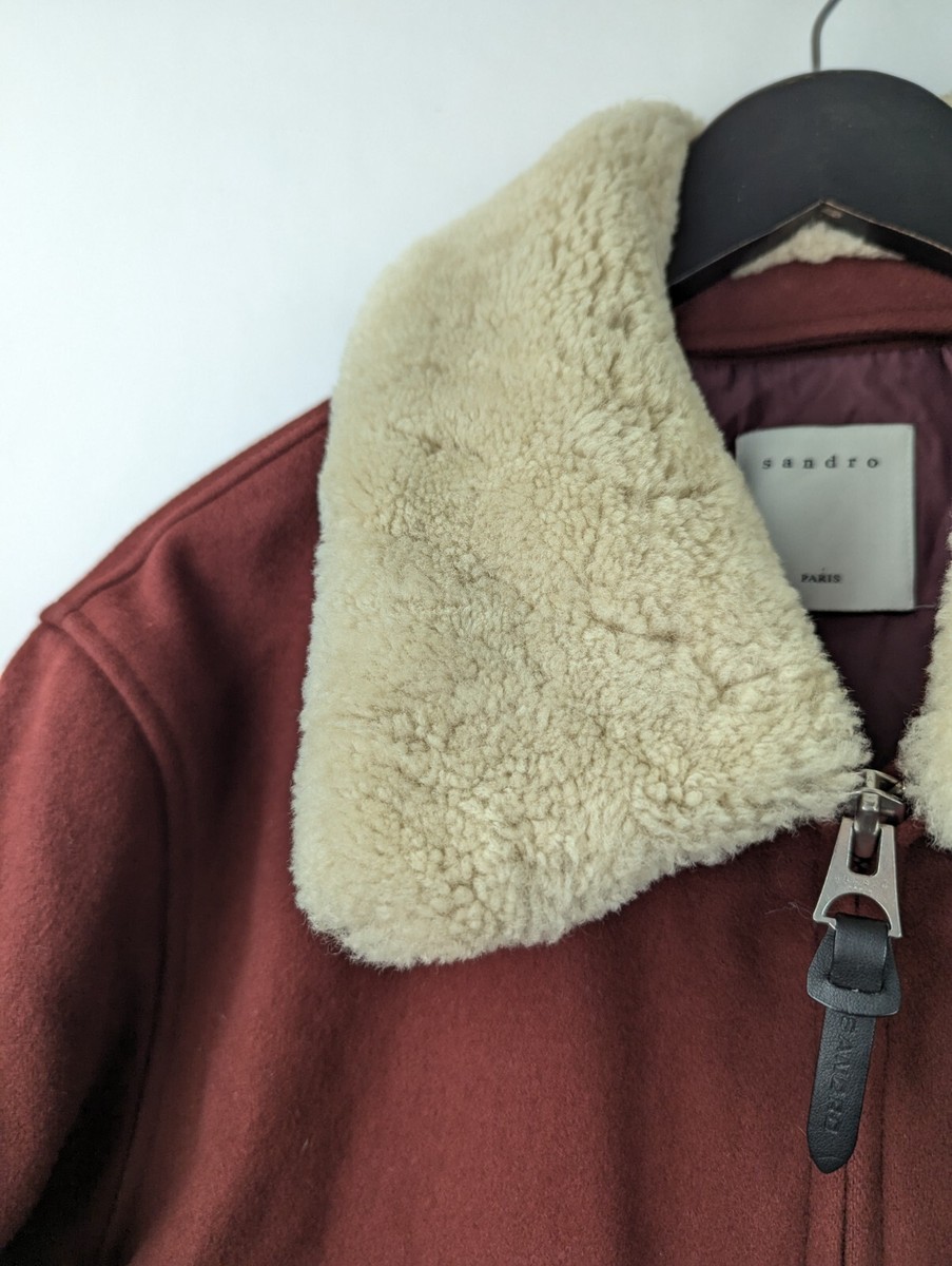 SANDRO Men's Sz US XL Red Wool Shearling Collar Aviator Bomber HERON Jacket