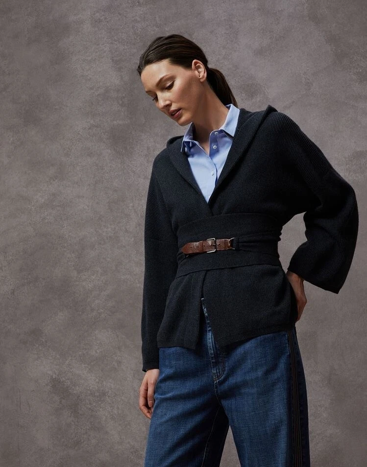 Brunello Cucinelli Cashmere Cardigan Hooded leather Belt KNIT Jacket gray  XS 2 | eBay