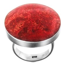 925 Sterling Silver Round Red Sponge Coral Sterling Adjustable Ring, 7/8"
