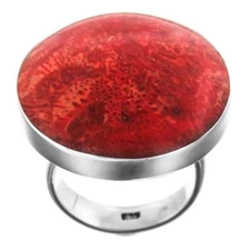 925 Sterling Silver Round Red Sponge Coral Sterling Adjustable Ring, 7/8"
