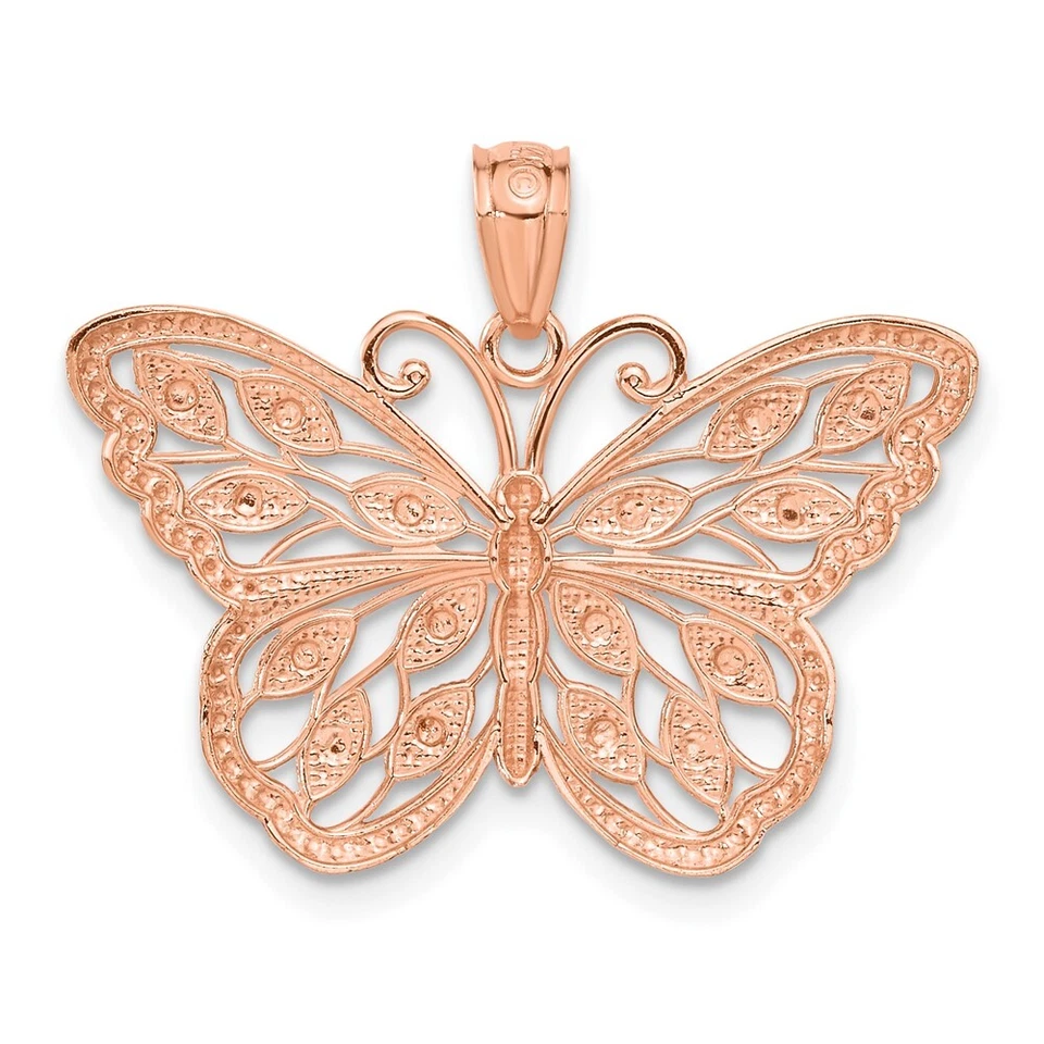 Colgante mariposa real de oro rosa de 14kt con corte de diamante rodio Foto 3 de 4