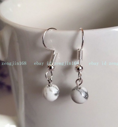 8mm White Howlite Beads Drop Earrings Natural Stone Tone Hook Gemstone Simple - Picture 9 of 12