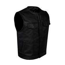 Classic Men's Black Leather Vest Motorcycle Collarless Concealed Custom Vest