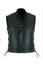 SOA Men's Motorcycle Club Leather Vest Concealed Carry Arm Solid Black New