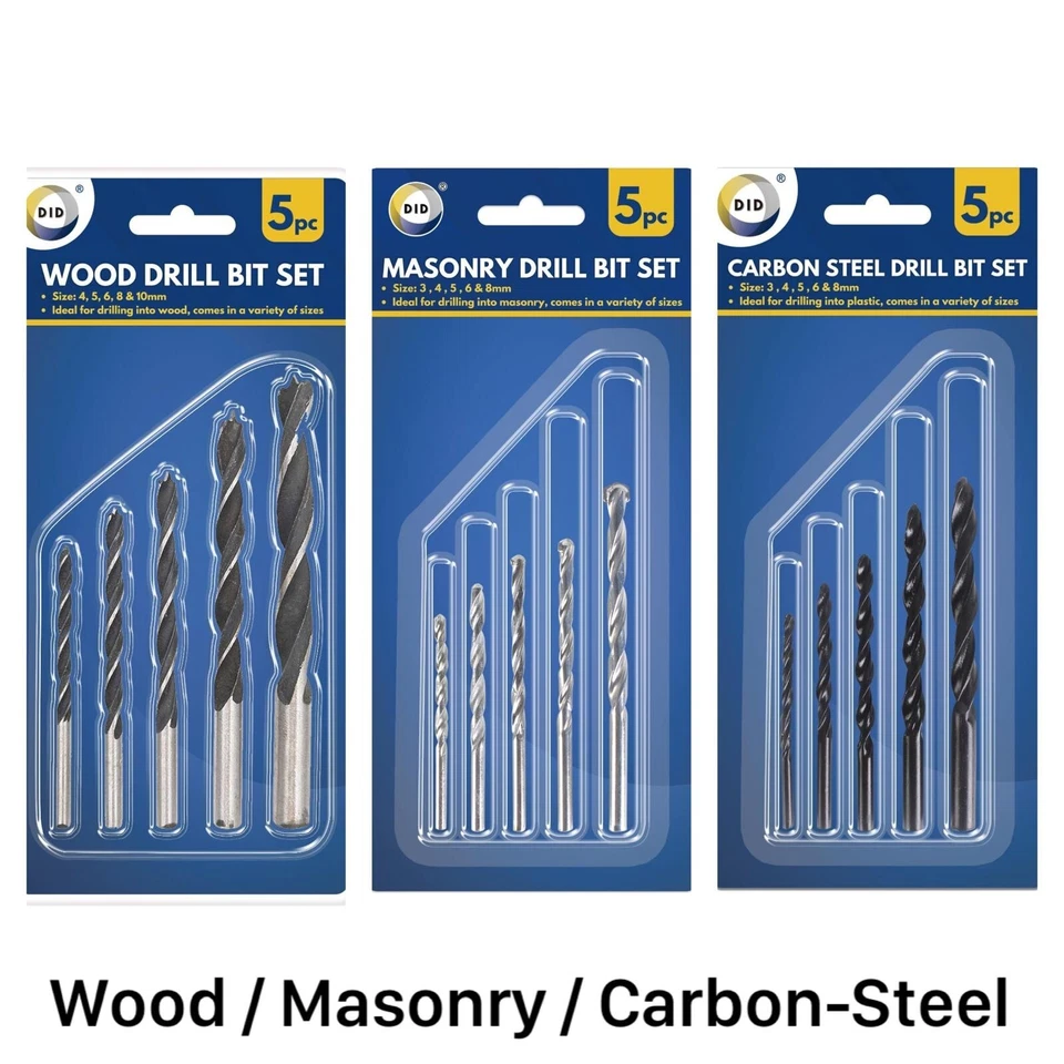 EMERALD MERCHANTS Drill Bit Set Wood Masonry Carbon Steel 5pc Multi-Purpose 3mm to 8mm Kit UK