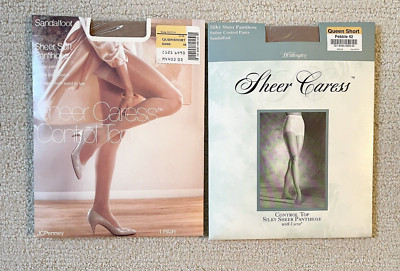 (2) New~VTG SHEER CARESS Control Top Queen Short Sand #44 & Pebble #42 Pantihose
