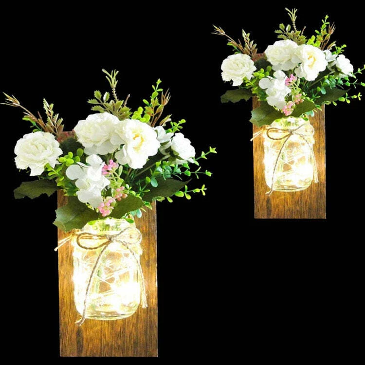 Set of 2 - Rustic Wall Sconces - with Flowers, Mason Jars, LED Lights, Remote - Image 2 of 4