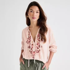 NWT- Splendid 'Stefania' Embroidered Cotton-Blend Top, Patina Pink - Small