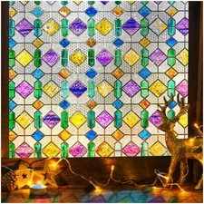 Stained Glass Window Privacy Film:3D Colorful Geometric Decorative Frosted St...
