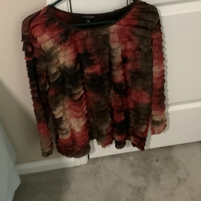 Notations Woman Red Brown Black Abstract Scoop Neck Ruffle  Blouse 2X