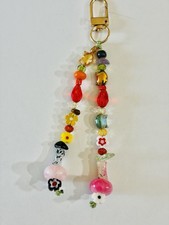 Colorful Beaded Flower Charm Keychain Handmade Red Glass Beads Bag Pendant