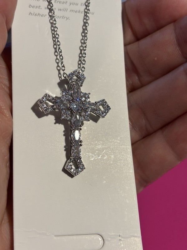 Silver Colored Moissanite Cross Necklace