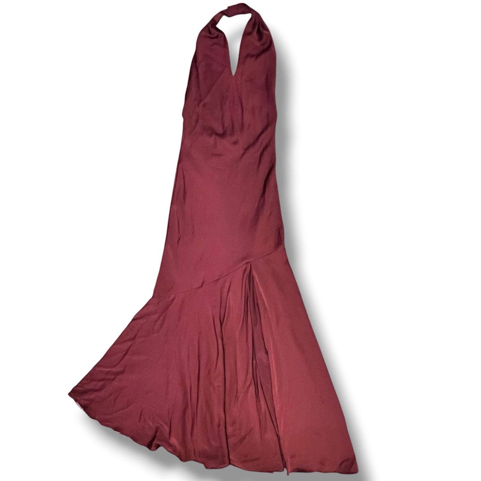 Birdy Gray Cabernet Red Maroon Button Halter Bridesmaid Prom Dress Gown Sz XS