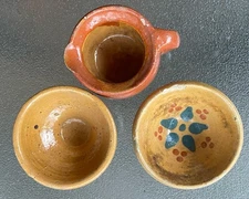 (3) Antique French Alsace (?)  Folk Art Pottery Decorated Creamer & Bowls 3.5”