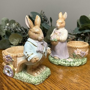 Avon Springtime Collection Egg Tea Light Candle Holder Mr & Mrs Rabbit 2 Pc Set