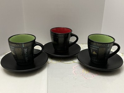 Set of 3 NIDA Home Black Crooked Curve Double Espresso Coffee Cups & Saucers 6oz