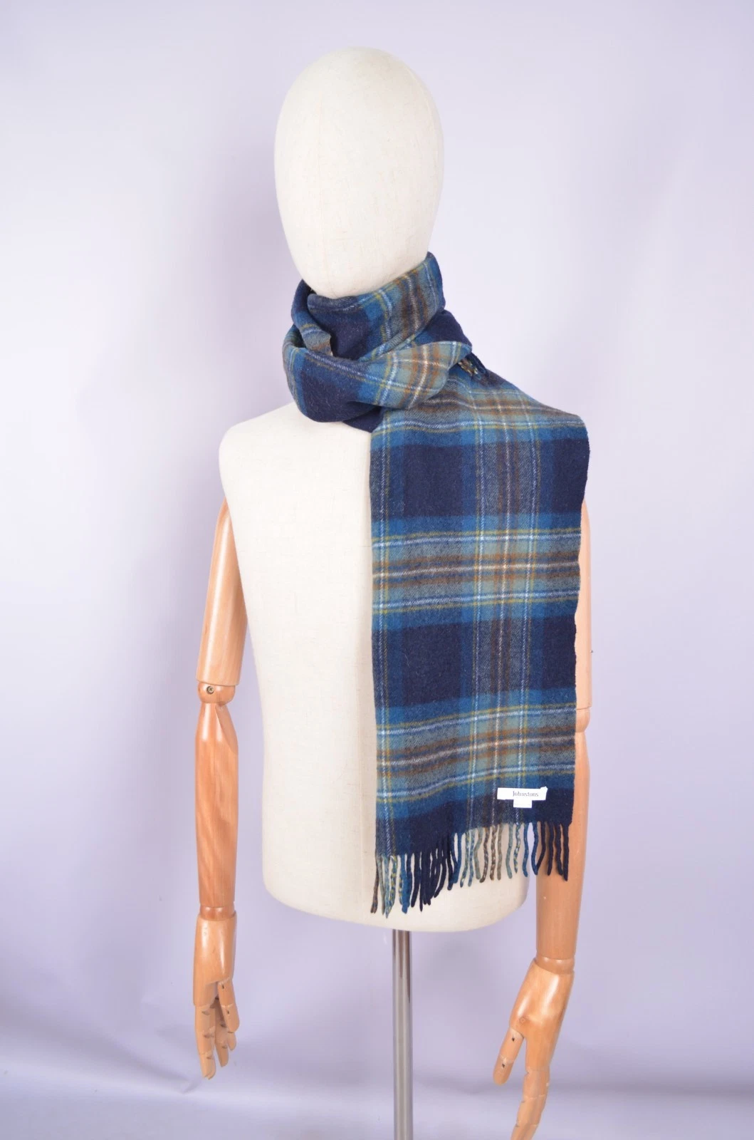 Unisex Johnstons of Elgin Striped Check 100% Wool Blue Navy Scarf 33x165cm