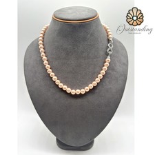 Real 17" Peach 8mm Shell Pearl Choker Necklace Beads S925 Sliver Clasp Crystal