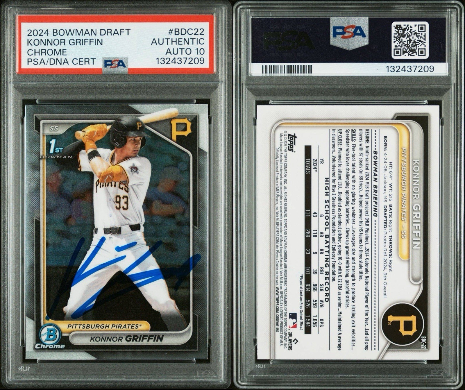 2024 1st Bowman Chrome Signed Konnor Griffin RC Pirates Autographed PSA 10 Auto!