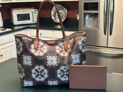Kate Spade Flower Monogram Sutton Oversized Tote w/Pouch KF650 Brown Black White