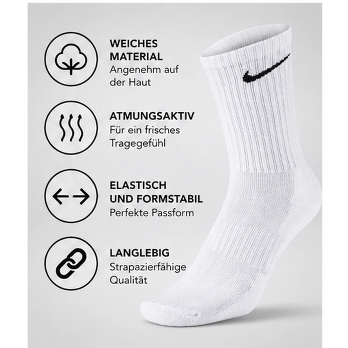 Nike 6 Paar Everyday Lightweight Crew SX7676 Tennis Socke weiß schwarz grau