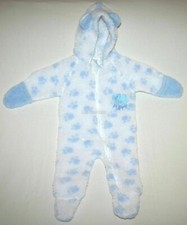Blue Puppy Ears Paw Print Baby Fleece Zip Up One Piece Romper PJ Hoodie Jumpsuit