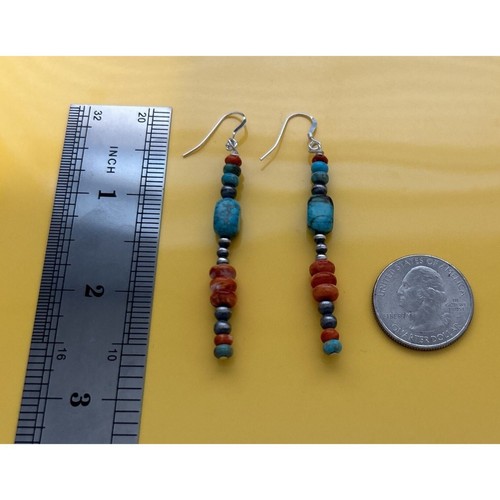 Boho Natural Turquoise, Spiny Oyster & 925 Silver Navajo Pearl Beaded Earrings - Picture 3 of 6
