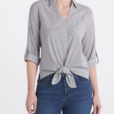 Fortune & Ivy Button Down Tie Front Blouse SZ Large Gray White Striped NWT