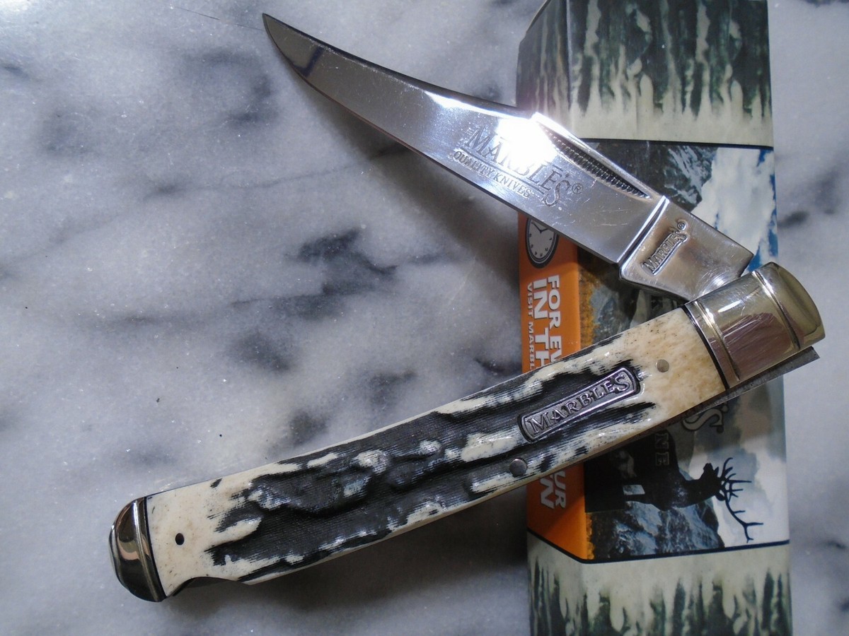 Marbles Black Stag Bone Large Lockback Pocket Knife Folder Blade  