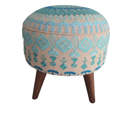 Embroidered Wooden Footstool Round pouf stool Bedroom ottoman Makeup stool 18x18 - Picture 1 of 4
