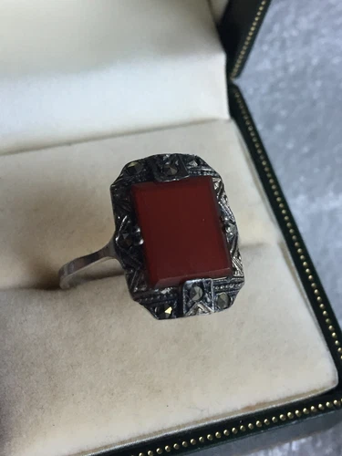 Rings silver Сornelian Marcasite Antiques Vintage Rings Art Deco