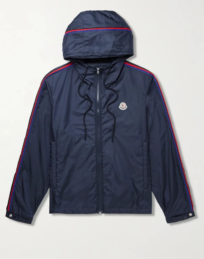 Moncler — NEW, Moncler Hattab Logo-Appliquéd Shell Hooded Jacket in Navy Size 5 #DC503