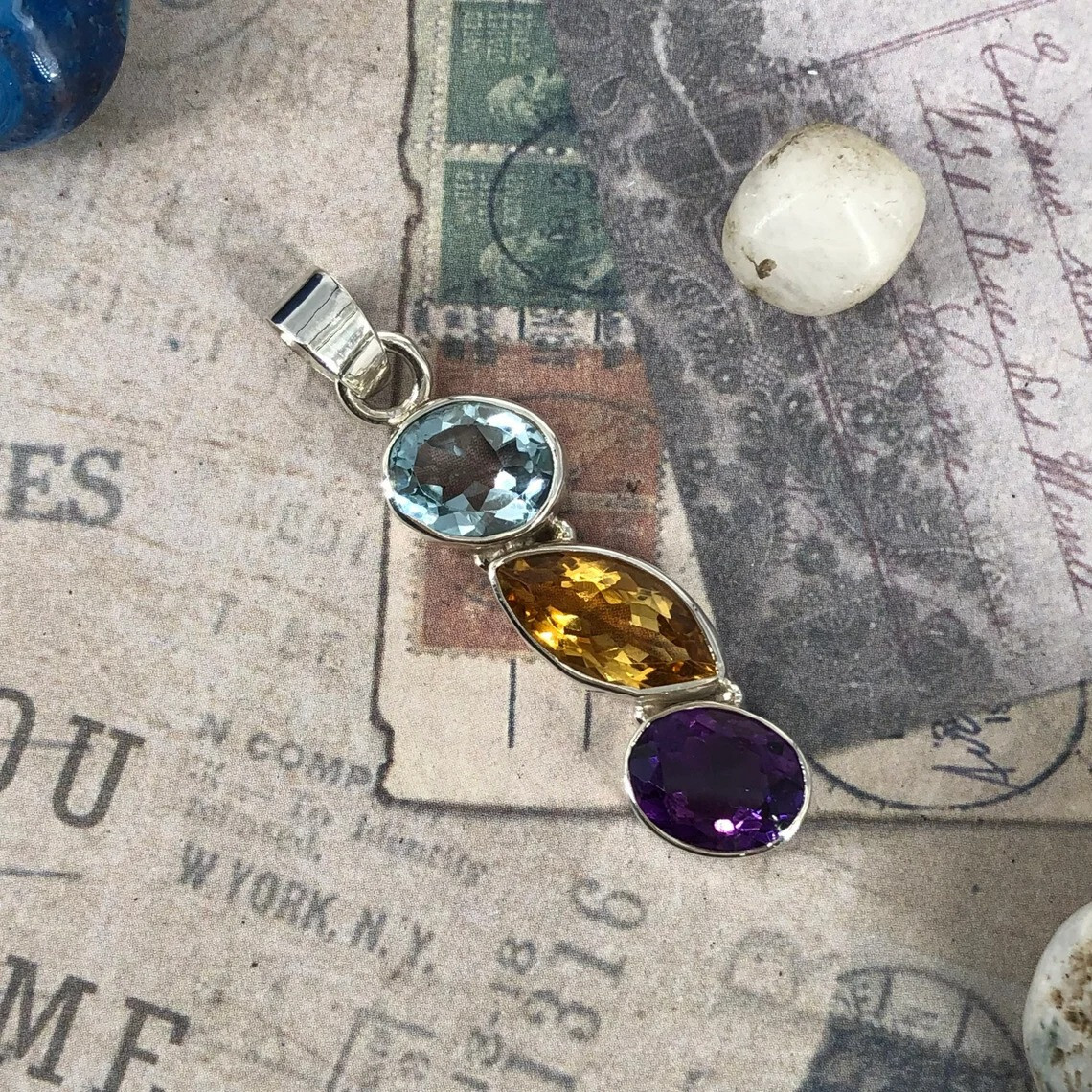 925 Sterling Silver Citrine, Blue Topaz & Amethyst Gemstone Victorian Pendant.