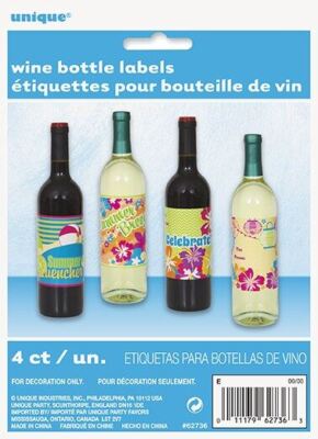 Summer Fun Wine Bottle Beverage Labels 4 Ct Luau Pool Party