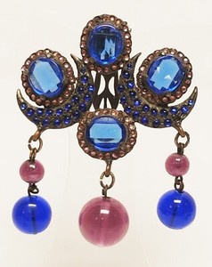 EISENBERG Blue & Purple Glass Paste Ball Dangle Pot Metal Fur Clip Dress Clip 3"