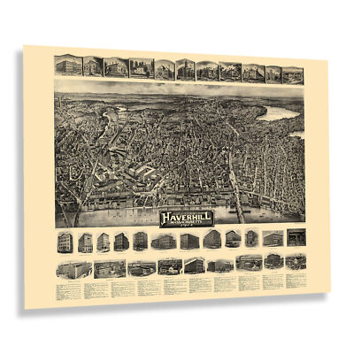 1914 Haverhill Massachusetts Aero View Map Poster Wall Art Print
