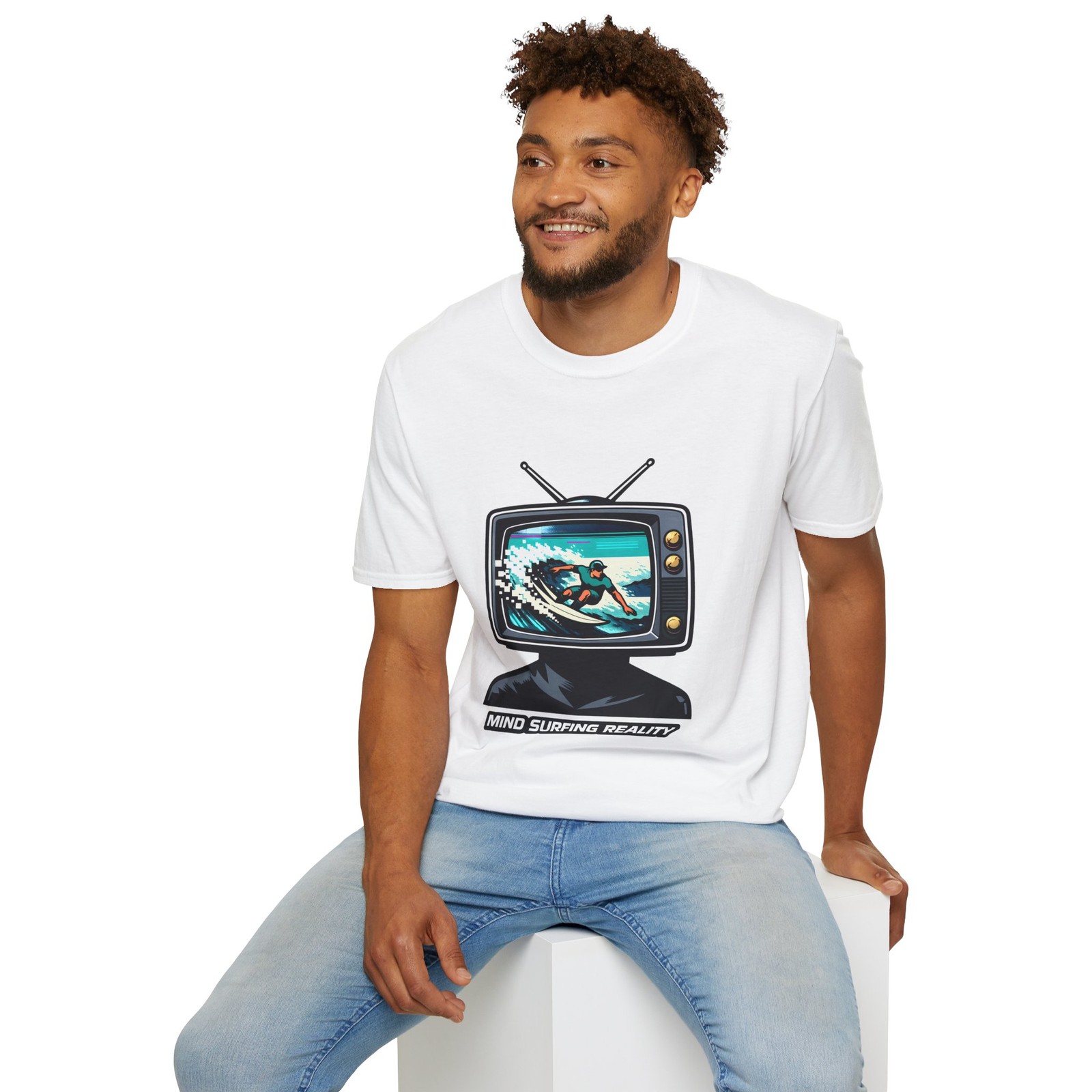 Unisex Softstyle T-Shirt Tv Head Surfer Static Waves Glitch Reality Surf