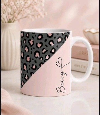 Personalisierte halbe rosa und Leopardenmuster Kaffeebecher Teetasse Neuheit Becher 11 Unzen 