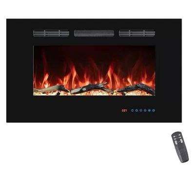 36in Wall-Mounted/Recessed Electric Fireplace Black With Remote and Wood - Image 1 of 4